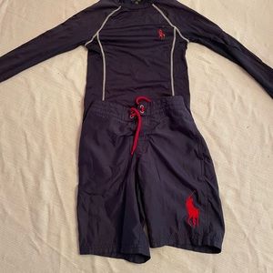 Long sleeve Rash Guard and Board shorts.